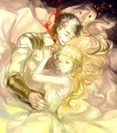  1girl black_hair blonde_hair blood dress erina_pendleton hug jojo_no_kimyou_na_bouken jonathan_joestar long_hair oburaato phantom_blood 