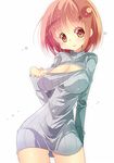  bad_id bad_pixiv_id breasts cleavage large_breasts looking_at_viewer meme_attire naked_sweater open-chest_sweater original pink_eyes pink_hair ren_(ren-ai) ribbed_sweater short_hair smile solo sweater white_background 