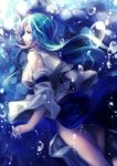  air_bubble bare_shoulders blue_hair bracelet breasts breath bubble detached_sleeves highres jewelry kalalasan kochiya_sanae large_breasts long_hair long_sleeves looking_at_viewer parted_lips shirt side_slit skirt solo touhou underwater upskirt wide_sleeves yellow_eyes 