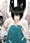 absurdres black_eyes black_hair cuffs death_note feathered_wings feathers finger_licking handcuffs highres l_(death_note) licking looking_at_viewer male_focus shirt sitting solo upper_body white_shirt wings yoneyu 