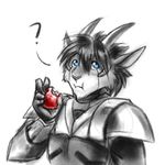  ? android anthro apple armor black_hair blue_eyes chewing eating fruit hair horn looking_at_viewer male mammal photon plain_background ratte ratteguhn 