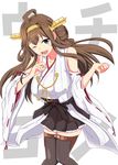  ;d ahoge black_eyes boots bow breasts brown_hair brown_legwear detached_sleeves feet_out_of_frame finger_to_mouth frilled_skirt frills hair_bun headgear kantai_collection knees_together_feet_apart kongou_(kantai_collection) large_breasts long_hair looking_at_viewer miniskirt nontraditional_miko one_eye_closed open_mouth pleated_skirt revision ribbon ribbon-trimmed_sleeves ribbon_trim shigure_ryuunosuke simple_background skirt smile solo thigh_boots thighhighs translated white_background zettai_ryouiki 