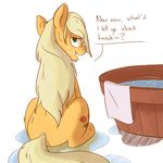  applejack_(mlp) bath bedroom_eyes blonde_hair cutie_mark earth_pony elslowmo english_text equine female feral freckles friendship_is_magic goattrain green_eyes hair half-closed_eyes horse long_hair looking_at_viewer looking_back mammal my_little_pony pony sitting solo text towel wet 