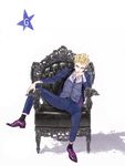  arm_support blonde_hair blue_jacket blue_neckwear blue_pants chair curly_hair expressionless formal full_body giorno_giovanna hand_on_own_cheek jacket jojo_no_kimyou_na_bouken leg_up looking_at_viewer male_focus necktie open_clothes open_jacket pants purple_footwear saddle_shoes sculpture shadow shoes simple_background sitting solo star suit tie_clip uona white_background 