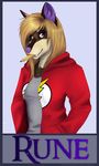  anthro badge brown_fur canine clothing cute dog female fur hashire jacket lady mammal pencil piercing purple_fur red_hoodie rune smile solo teeth 