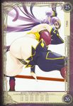  aoi_nagisa_(metalder) ass bare_shoulders boots breasts bridal_gauntlets high_heel_boots high_heels highres impossible_clothes jewelry large_breasts long_hair looking_at_viewer looking_back navel nipples non-web_source pointy_ears purple_hair queen's_blade queen's_blade_grimoire red_eyes seiten_(queen's_blade) shiny shiny_clothes simple_background solo staff tail tiara 