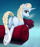  blonde_hair blush clitoris cutie_mark equine female friendship_is_magic frozen_elsa hair hooves horn horse looking_at_viewer lying mammal my_little_pony oneofyouare pussy solo unicorn 