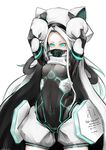  animal_hat aqua_eyes arms_up bodysuit breasts cape cat_hat covered_mouth covered_navel face_mask glowing glowing_eyes hat long_hair mask neon_trim original rekise small_breasts solo very_long_hair white_hair 