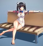  absurdres arm_ribbon barefoot blue_eyes breasts cleavage couch dungeon_ni_deai_wo_motomeru_no_wa_machigatteiru_darou_ka gloves hestia_(danmachi) highres large_breasts legs long_hair murimu outstretched_arms rei_no_himo ribbon sitting smile solo twintails white_gloves 