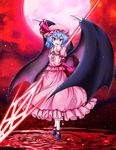  :d bat_wings blue_hair dress full_moon hat hat_ribbon highres hyoumon_(saihokutan) looking_at_viewer moon open_mouth pink_dress red_eyes red_moon remilia_scarlet ribbon ripples short_hair smile solo spear_the_gungnir standing standing_on_liquid touhou wings 