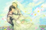  1girl carrying couple dress erina_pendleton field flower flower_field formal hetero husband_and_wife jojo_no_kimyou_na_bouken jonathan_joestar oburaato petals phantom_blood princess_carry suit wedding_dress 