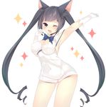  animal_ears arm_ribbon arm_up armpits ass_visible_through_thighs bare_shoulders black_hair blue_eyes blue_ribbon bow breasts cat_ears cleavage cleavage_cutout cowboy_shot dress dungeon_ni_deai_wo_motomeru_no_wa_machigatteiru_darou_ka fang gloves hair_ornament hair_ribbon hand_up hestia_(danmachi) highres kemonomimi_mode kuro_guren large_breasts long_hair looking_at_viewer one_eye_closed open_mouth rei_no_himo ribbon short_dress sleeveless sleeveless_dress solo tearing_up twintails very_long_hair white_dress white_gloves 