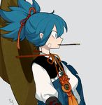  armor artist_name blue_hair chin_strap food hat japanese_armor kote l_hakase lowres male_focus mouth_hold pocky profile sayo_samonji simple_background solo touken_ranbu 