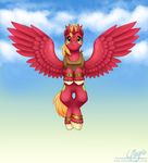  2015 big_macintosh_(mlp) cloud crown cutie_mark equine feral flying freckles friendship_is_magic green_eyes horn looking_at_viewer magpie_(artist) male mammal my_little_pony outside smile winged_unicorn wings 
