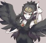  armlet armpits black_hair black_wings breasts duel_monster fabled_grimro feathers fingernails green_eyes hair_ornament highres jewelry medium_breasts multicolored multicolored_eyes pointing pointing_at_viewer pointy_ears red_sclera sharp_fingernails shintani_tsushiya smile solo white_skin wings yuu-gi-ou 