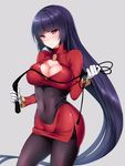  bangs black_bodysuit black_legwear blunt_bangs blush bodysuit breasts cleavage cleavage_cutout covered_navel gloves hizuki_akira large_breasts long_hair natsume_(pokemon) pantyhose pokemon pokemon_(game) pokemon_rgby purple_hair red_eyes solo thighband_pantyhose very_long_hair whip white_gloves 