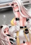  absurdres apron bare_back blush breasts detached_sleeves highres horn horns huge_breasts kantai_collection kitchen looking_at_viewer looking_back luonawei mittens multiple_girls northern_ocean_hime pale_skin red_eyes seaport_hime shinkaisei-kan sideboob silver_hair smile spatula 