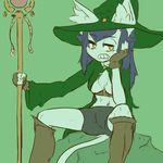  boots cat feline female fur green_fur hair hat kemono long_hair mammal purple_hair short_pants unknown_artist witch_hat yellow_eyes 