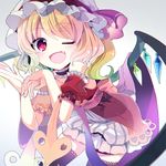  ;d alternate_costume black_legwear blonde_hair blush choker detached_sleeves dress fang flandre_scarlet fruit_punch hat laevatein looking_at_viewer one_eye_closed open_mouth red_eyes short_hair side_ponytail simple_background smile solo thighhighs touhou wings zettai_ryouiki 