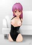  acerbi amputee blush breasts cameltoe front_zipper_swimsuit full_body highres long_hair looking_at_viewer medium_breasts meme_attire nipples one-piece_swimsuit open_clothes original pink_hair quadruple_amputee red_eyes solo swimsuit 