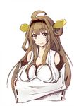  ahoge bad_id bad_pixiv_id bare_shoulders breast_hold breasts brown_hair detached_sleeves double_bun hair_ornament hairband headgear japanese_clothes kantai_collection kongou_(kantai_collection) long_hair looking_at_viewer namo_(aqu_on) nontraditional_miko smile solo upper_body 