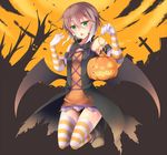  bare_shoulders bat_wings brown_hair cross detached_sleeves green_eyes halloween halloween_costume jack-o'-lantern kuran_iriido looking_at_viewer open_mouth original pumpkin shintani_tsushiya short_hair solo striped striped_legwear thighhighs tree_shade wings zettai_ryouiki 