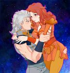  1girl blush grey_hair hand_on_ass highres hokuto_no_ken hug mamiya mozuku_(13domon) red_eyes red_hair rei_(hokuto_no_ken) tearing_up 