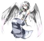  bare_shoulders elbow_gloves engi_threepiece feathered_wings flower gloves hair_intakes highres long_skirt namuru open_mouth short_hair silver_(color) silver_eyes silver_hair simple_background skirt solo sword symbol-shaped_pupils weapon white_background white_wings wings yumekui_merry 