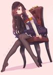  bare_shoulders black_hair black_legwear brown_eyes chair detached_sleeves dress english fangxiang_cuoluan full_body highres legs long_hair looking_at_viewer no_shoes original pantyhose pink_background sitting solo 