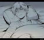  bandages clenched_teeth closed_eyes commentary ichigo_hitofuri letterboxed male_focus mizuhara_aki monochrome nightmare pillow sleeping solo sweat tears teeth touken_ranbu under_covers upper_body 