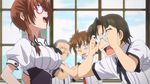  1girl 3boys animated animated_gif bounce bouncing_breasts breasts brown_hair glasses high_school_dxd hyoudou_issei kiryuu_aika large_breasts long_hair multiple_boys school_uniform twin_braids 