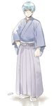  aqua_hair brown_eyes commentary full_body hakama ichigo_hitofuri japanese_clothes kimono looking_at_viewer male_focus mizuhara_aki no_shoes solo standing tabi touken_ranbu white_background 