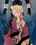  armor artist_name black_gloves blue_eyes gloves green_eyes head_tilt heterochromia japanese_armor japanese_clothes l_hakase looking_at_viewer male_focus military military_uniform multiple_boys pink_hair shoulder_armor smile sode solo_focus souza_samonji touken_ranbu uniform wreath yagen_toushirou 