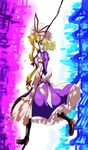  blonde_hair blue_eyes dress from_side hair_ornament hat looking_at_viewer maribel_hearn purple_eyes solo split takatsuki_nato touhou yakumo_yukari 