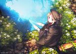  barefoot blonde_hair bloodborne day doll_joints dress flower hat leaf looking_at_viewer looking_up outdoors plain_doll ripples ritsuki rock sitting slug soaking_feet solo spoilers sunlight tree water yellow_eyes 