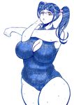  blue_hair bow breasts brown_eyes cameltoe cleavage cleavage_cutout cowboy_shot glasses hair_bow highres huge_breasts long_hair nikuko_(galko) niu_ju_(orange_bull) one-piece_swimsuit oshiete!_galko-chan over-rim_eyewear plump semi-rimless_eyewear solo stretch swimsuit thick_thighs thighs wet 