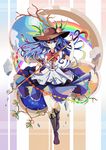  blue_hair boots bow cross-laced_footwear food fruit hat hinanawi_tenshi knee_boots lace-up_boots long_hair nakaichi_(ridil) open_mouth peach puffy_short_sleeves puffy_sleeves rainbow red_eyes shirt short_sleeves skirt solo sword_of_hisou touhou 