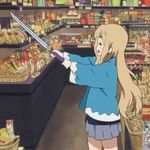  1girl animated animated_gif eyebrows eyes_closed happy horiguchi_yukiko k-on! kotobuki_tsumugi long_hair lowres shop solo store sword toy weapon 