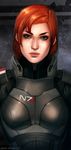  breasts commander_shepard commander_shepard_(female) eyeshadow freckles green_eyes kate_niemczyk lips makeup mass_effect n7_armor nose power_armor red_hair short_hair small_breasts solo upper_body 