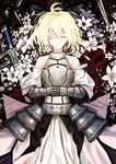  ahoge armor armored_dress artoria_pendragon_(all) bare_shoulders blonde_hair closed_eyes cloudy.r dress fate/stay_night fate/unlimited_codes fate_(series) flower gauntlets hands_clasped highres lily_(flower) lying on_back own_hands_together saber saber_lily solo sword weapon 