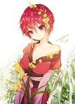  akatsuki_no_yona bad_id bad_pixiv_id breasts cleavage earrings flower jewelry looking_at_viewer medium_breasts off_shoulder purple_eyes red_hair ribbon short_hair smile solo sukja wet white_background yellow_flower yona_(akatsuki_no_yona) 