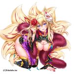  animal_ears bad_id bad_tumblr_id black_legwear blonde_hair blush bracelet breasts china_dress chinese_clothes cleavage cleavage_cutout detached_sleeves dress flower fox_ears fox_mask fox_tail hair_flower hair_ornament hizuki_akira jewelry large_breasts long_hair looking_at_viewer mask nail_polish open_mouth original red_nails rose sangoku_infinity simple_background smile solo tail thighhighs white_background 