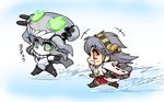  2girls bare_shoulders black_hair bodysuit boots cape chibi comic detached_sleeves green_eyes hair_ornament hairband hairclip haruna_(kantai_collection) hisahiko japanese_clothes kantai_collection long_hair multiple_girls open_mouth orange_eyes outstretched_arms pale_skin revision shinkaisei-kan silver_hair spread_arms star star-shaped_pupils symbol-shaped_pupils thigh_boots thighhighs translated walking walking_on_liquid water wide_sleeves wo-class_aircraft_carrier 