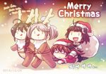  :d acea4 ahoge animal_costume antlers braid brown_hair christmas dated double_bun hair_ribbon hat kantai_collection merry_christmas multiple_girls naka_(kantai_collection) o_o open_mouth pleated_skirt purple_hair red_nose reindeer_antlers reindeer_costume ribbon ryuujou_(kantai_collection) sack santa_costume santa_hat sazanami_(kantai_collection) scrunchie shigure_(kantai_collection) short_twintails single_braid skirt smile thighhighs twintails |_| 