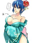  1girl 9tt6 blue_hair breast_lift breasts bust_cup cleavage female fire_emblem flower genderswap hair_flower hair_ornament japanese_clothes kimono large_breasts marth marth_(fire_emblem) md5_mismatch off_shoulder short_hair solo wakamezake 