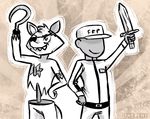  animatronic belt canine cute duo english_text eye_patch eyewear faceless_male five_nights_at_freddy&#039;s fox foxy_(fnaf) hat hook human inkyfrog jeremy_fitzgerald machine male mammal mechanical robot security_guard smile standing sword teeth text weapon 