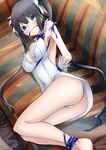  1girl artist_request ass bare_shoulders bdsm black_hair blue_eyes blush bondage bound breasts cleavage cleavage_cutout dress dungeon_ni_deai_wo_motomeru_no_wa_machigatteiru_darou_ka from_behind from_below gag gagged gloves hair_ribbon hestia_(danmachi) improvised_gag long_hair looking_down lying on_side panties ribbon ribbon_gag shiny shiny_skin solo tears twintails underwear very_long_hair 