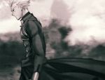  archer blurry blurry_background closed_mouth copyright_request cowboy_shot fate/stay_night fate_(series) from_side greyscale long_sleeves male_focus monochrome profile solo spiked_hair standing taa_(acid) tassel 