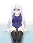  blue_eyes highres long_hair one-piece_swimsuit ribbon school_swimsuit seirei_tsukai_no_blade_dance silver_hair sitting solo swimsuit terminus_est thighhighs very_long_hair 