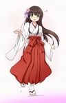  black_hair brown_hair flower gochuumon_wa_usagi_desu_ka? green_eyes hair_flower hair_ornament hakama heart highres japanese_clothes kimono long_hair miko red_hakama running sandals smile tabi ujimatsu_chiya very_long_hair yukihalbert zouri 